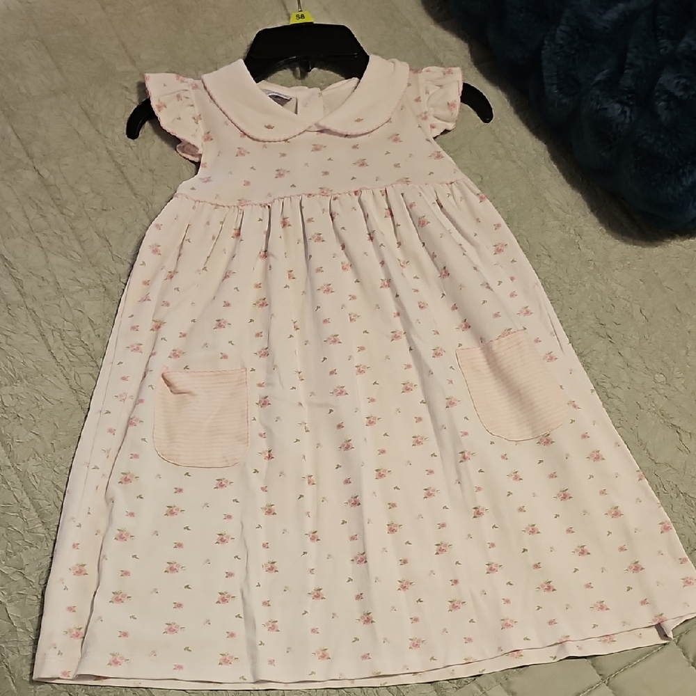 Girls' Pink Floral Pocket Dress with Peter Pan Collar